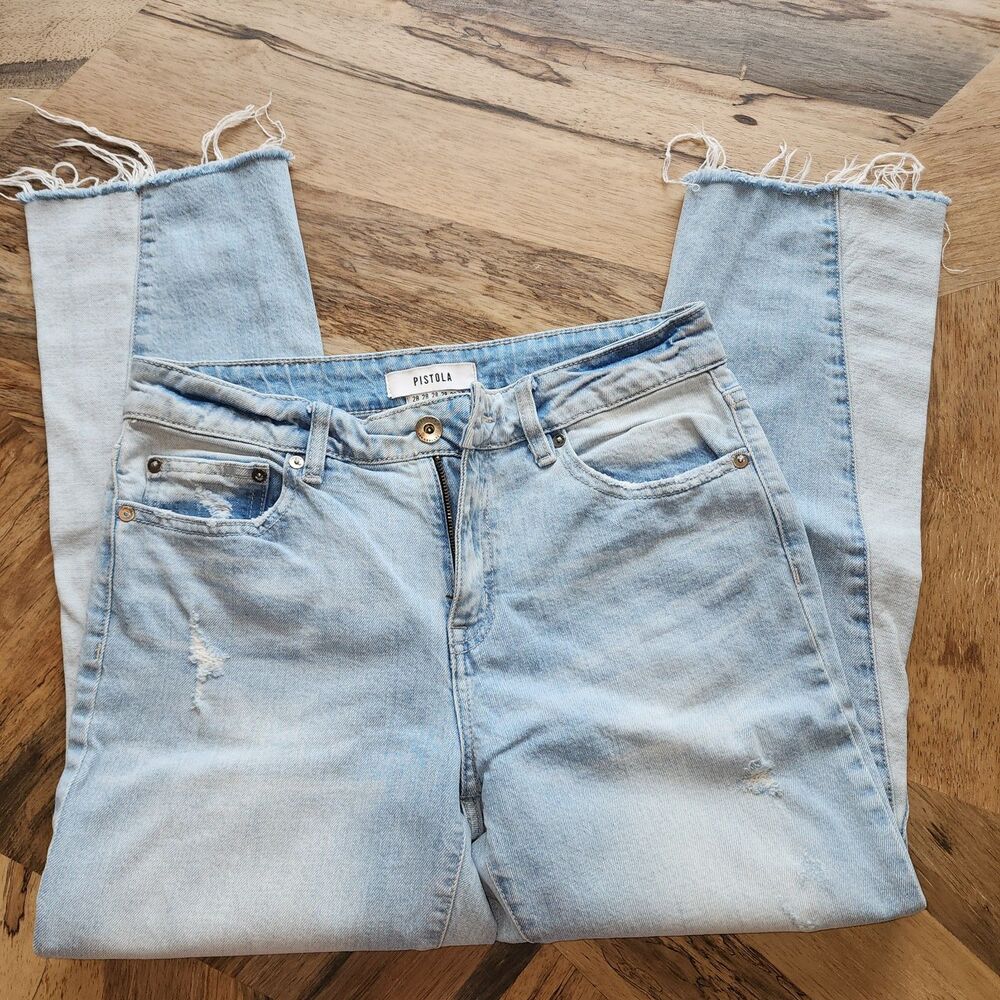 Pistola Distressed Two-Tone Mid-Rise Straight Leg Jeans Size 28